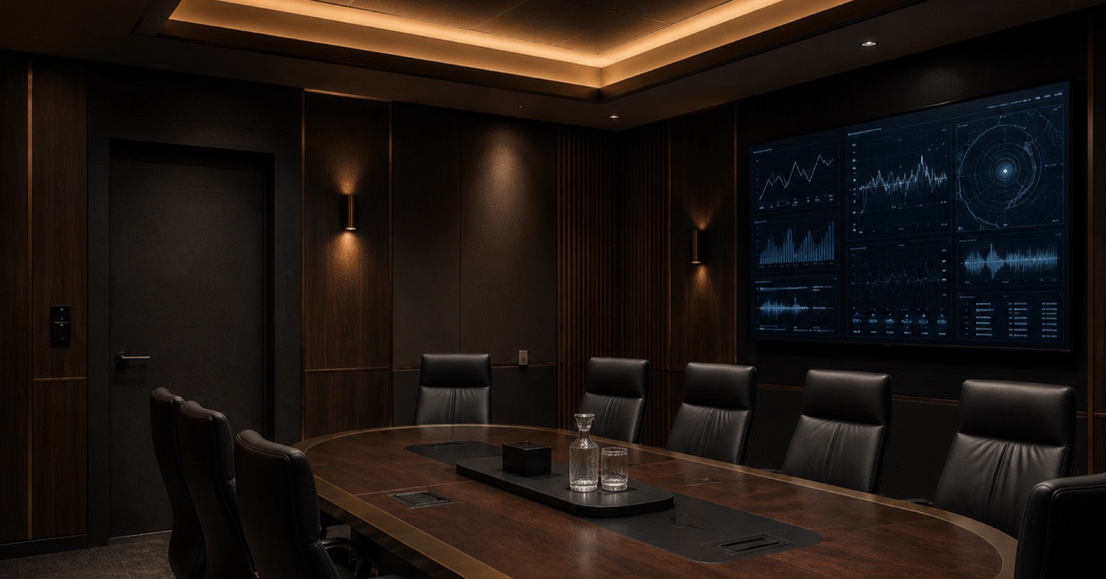 Empty boardroom with a meeting table and a screen on the wall