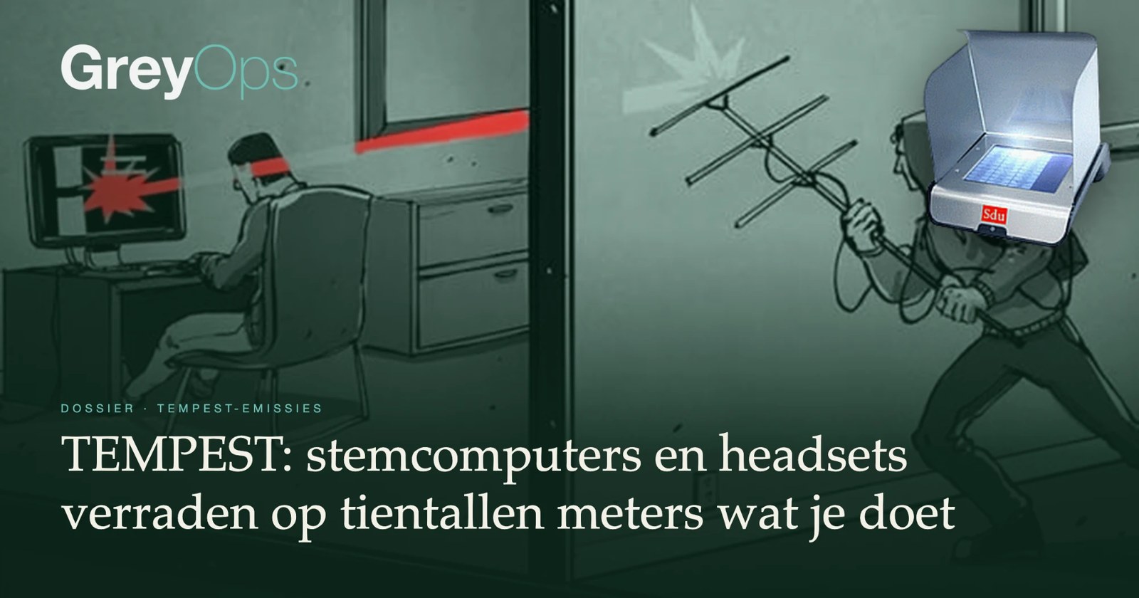 Illustratie van een kiezer achter een stemmachine en iemand met een antenne achter de muur