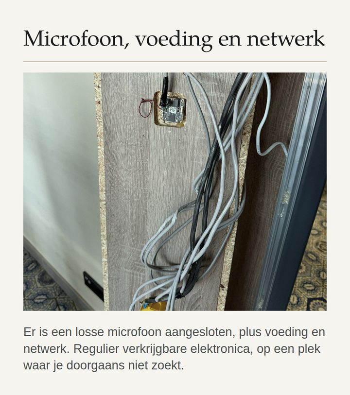 Achter het wandpaneel lopen de aangesloten microfoon, voeding en netwerkkabel