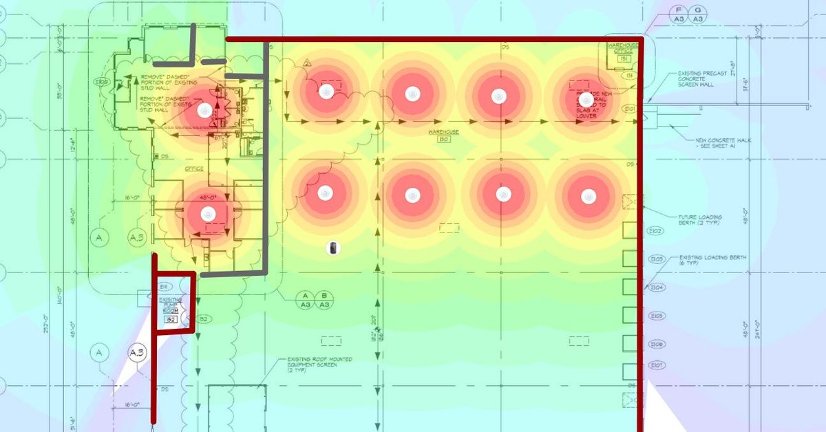 Wireless coverage plot whose signal extends beyond the building envelope